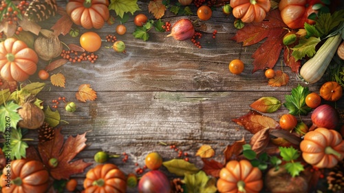Abstract autumn background with a scattering of colorful leaves and seasonal vegetables on a rough wooden backdrop