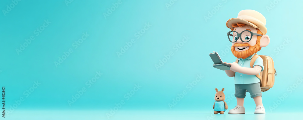 A cheerful boy with glasses and a backpack, using a smartphone with a cute rabbit companion, against a bright blue background. A cheerful boy with glasses and a backpack, using a smartphone with a cute rabbit companion, against a bright blue background.