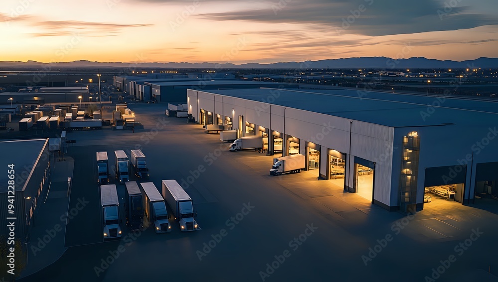 Obraz premium Nighttime Illumination of a Busy Distribution Center with Semi Trucks
