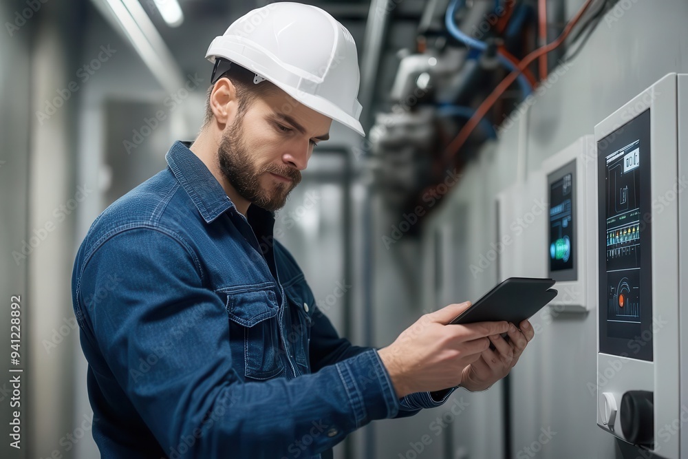 Plumber in a high-tech smart home, adjusting the settings on an advanced water control system, with digital panels nearby Plumber in a high-tech smart home, adjusting the settings on an advanced water control system, with digital panels nearby