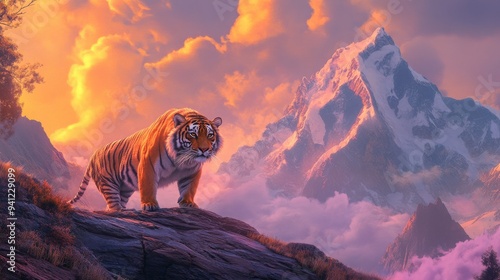 A majestic mountain landscape at dawn, with towering peaks reaching into a sky painted in soft hues of pink and orange. In the foreground, a powerful tiger stands poised photo