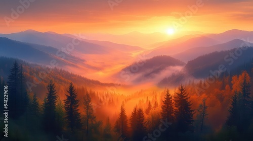 misty mountain valley at golden hour layers of forested ridges fading into the distance warm sunlight piercing through fog creating an ethereal atmosphere