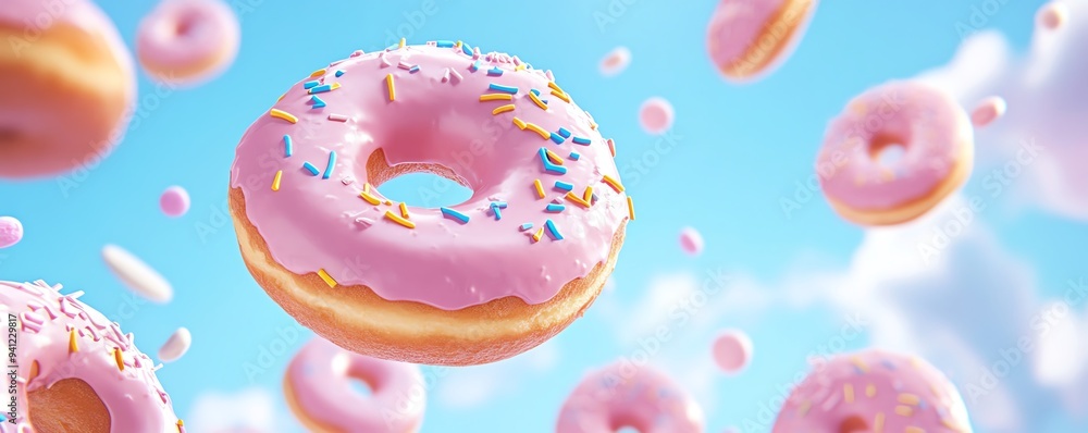 Delicious pink donuts with sprinkles floating against a bright blue sky, perfect for sweet treats and dessert themes. Delicious pink donuts with sprinkles floating against a bright blue sky, perfect for sweet treats and dessert themes.