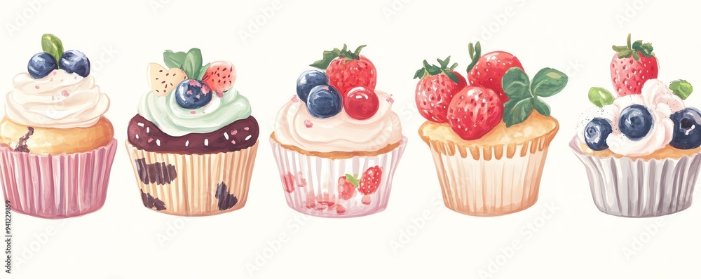 Delicious variety of colorful cupcakes topped with fresh berries and cream, perfect for dessert lovers and special occasions. Delicious variety of colorful cupcakes topped with fresh berries and cream, perfect for dessert lovers and special occasions.