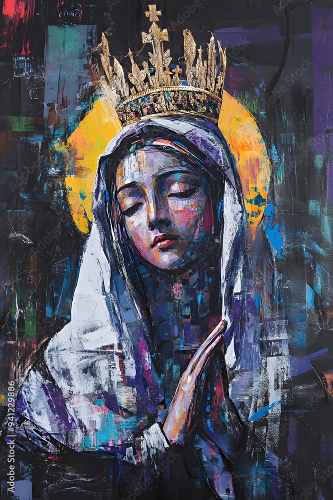 Obraz premium A colorful depiction of a praying figure with a crown, surrounded by a halo of light.