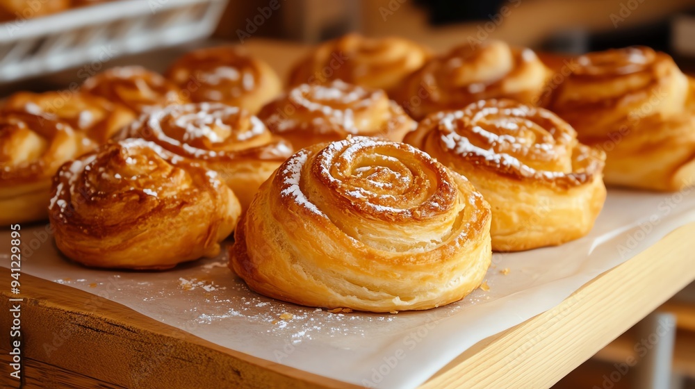 Freshly baked cinnamon rolls dusted with powdered sugar, perfect for breakfast or as a delightful dessert treat. Freshly baked cinnamon rolls dusted with powdered sugar, perfect for breakfast or as a delightful dessert treat.