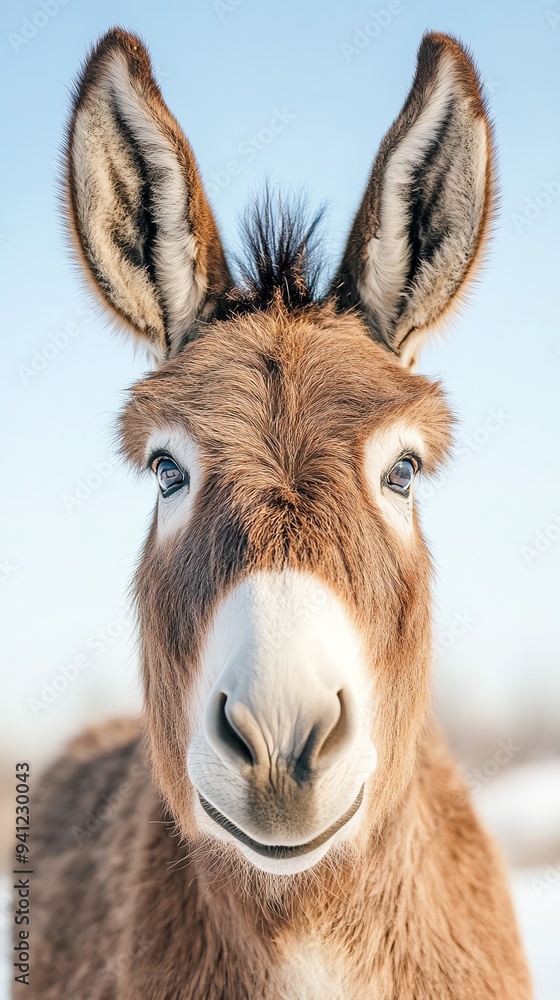 A charming donkey with big ears and a friendly expression, set against a clear blue sky in a snowy landscape. A charming donkey with big ears and a friendly expression, set against a clear blue sky in a snowy landscape.