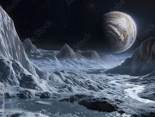 A planetary geologist examines icy terrain on a distant planet, searching for clues about its history. photo