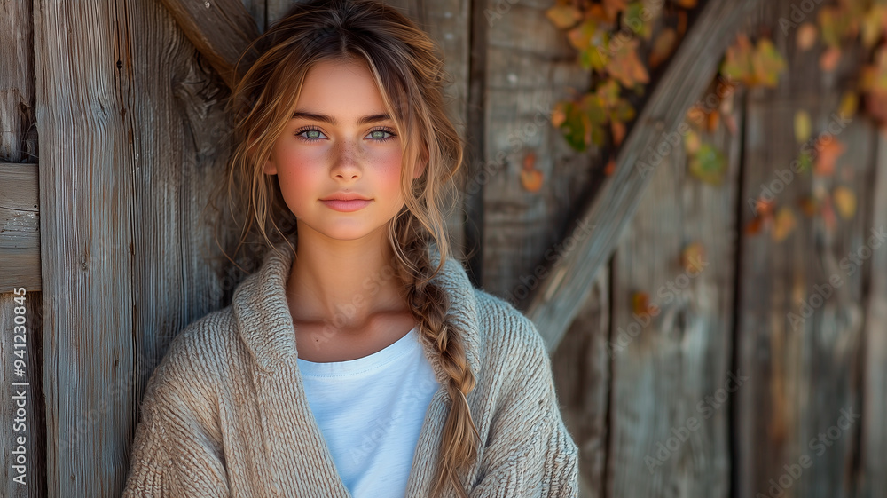 Fototapeta premium Rustic Autumn Fashion: Young Woman in Cozy Knitwear with Scarf Against Wooden Background