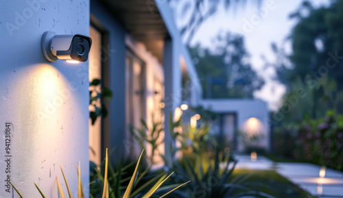 Modern Home Security. A sleek security camera mounted on the exterior of a modern home at dusk, with blurred garden lights in the background, ensuring safety.
 photo