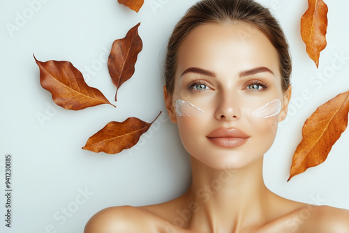 Portrait of beautiful young woman with autumn leafs. Healthy clean fresh skin make up beauty cream eyes on white background , advertising banner of organic natural cosmetic products for facial