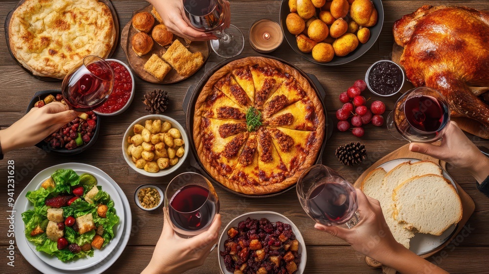 A joyful Thanksgiving dinner with friends, the table overflowing with dishes, everyone toasting with glasses of wine A joyful Thanksgiving dinner with friends, the table overflowing with dishes, everyone toasting with glasses of wine