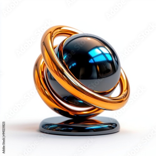 92 A levitating metallic sphere surrounded by floating, holographic rings. Created using Cinema 4D. Ultra high definition, white background, no shadows, no text on picture, no logo, no signature, photo