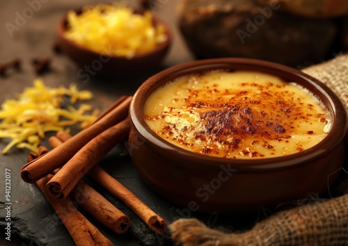 Crema catalana. Traditional Catalan cream dessert with cinnamon and grated lemon zest