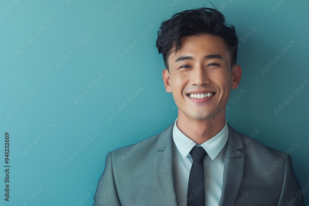 Portrait of smiling smart Asian businessman standing over blue background. Studio shot, Copy space Portrait of smiling smart Asian businessman standing over blue background. Studio shot, Copy space