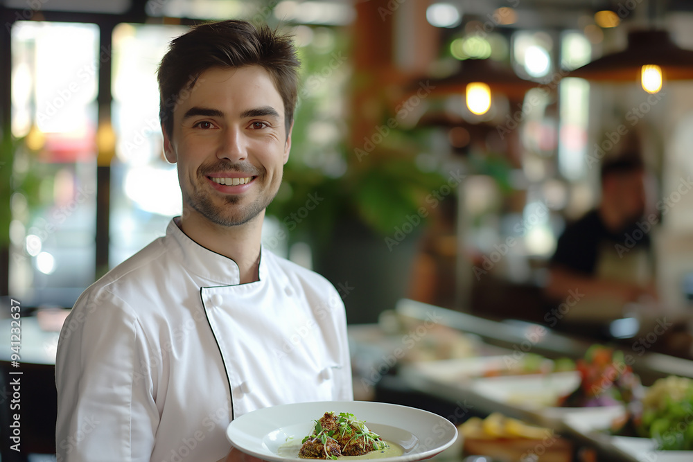 Handsome male chef presenting dishes in a big restaurant or luxury hotel Handsome male chef presenting dishes in a big restaurant or luxury hotel