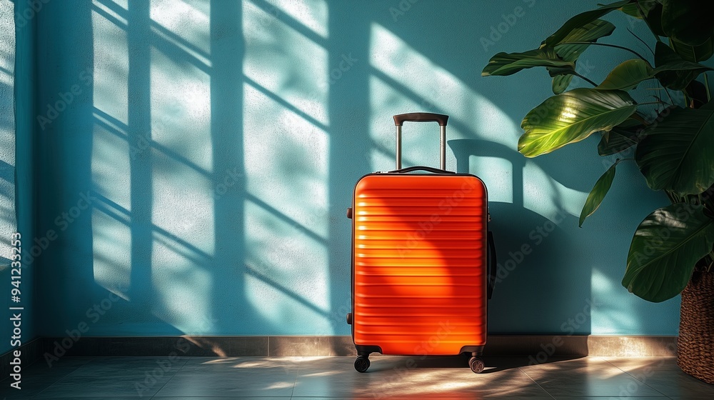 Vibrant orange luggage placed in a stylish interior, highlighted by natural light and a large houseplant. Ideal for travel and lifestyle content. Vibrant orange luggage placed in a stylish interior, highlighted by natural light and a large houseplant. Ideal for travel and lifestyle content.