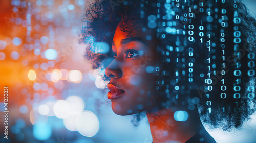 young woman with binary code