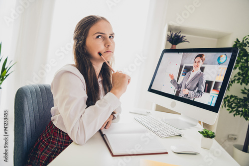 Photo portrait of cute adorable teen girl computer elearning minded unsure wear uniform remote lesson education from home indoors