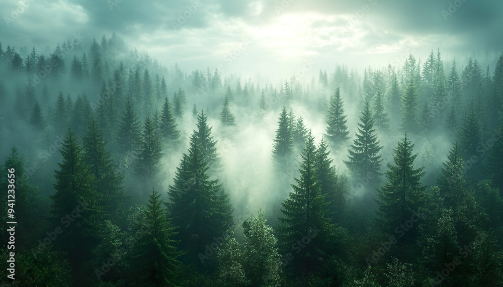 Aerial view of fog over dark pine forest trees. , no texte, no titre in picture ,cinematic lighting, design stage design Aerial view of fog over dark pine forest trees. , no texte, no titre in picture ,cinematic lighting, design stage design