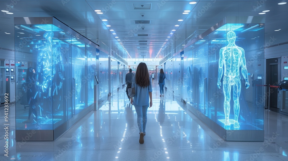 A futuristic airport security system using holographic scanning technology to check passengers' belongings A futuristic airport security system using holographic scanning technology to check passengers' belongings