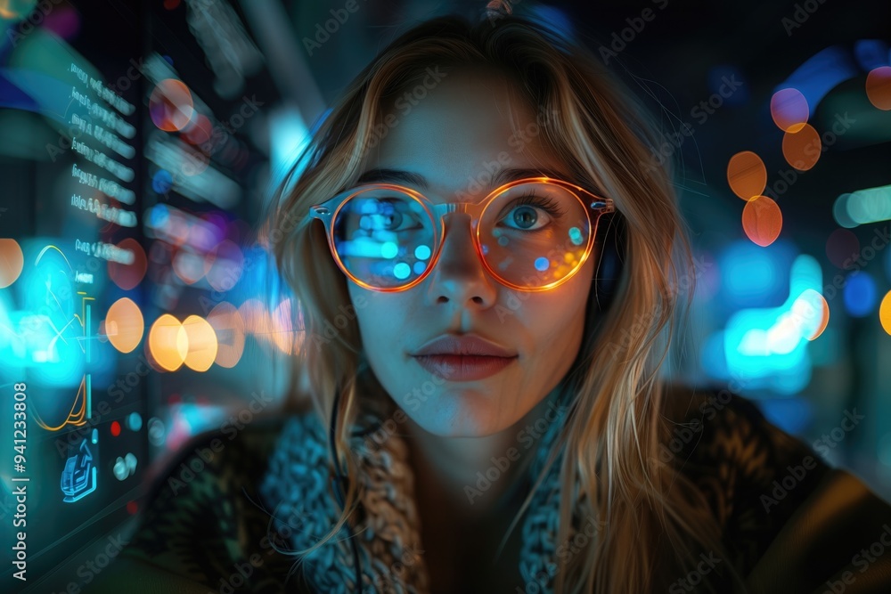 A young entrepreneur working late at night in a dimly lit office, surrounded by innovative technology A young entrepreneur working late at night in a dimly lit office, surrounded by innovative technology