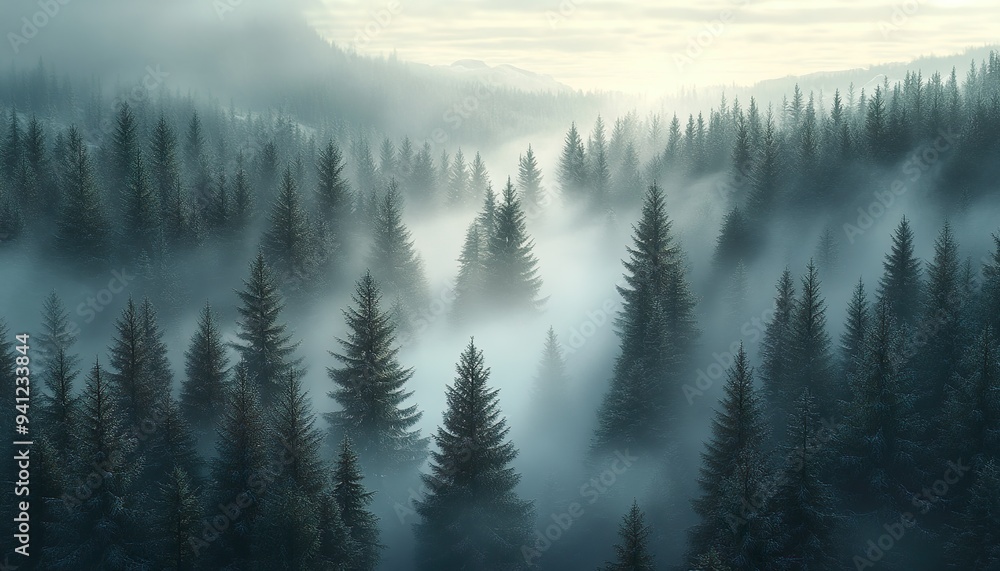 Aerial view of fog over dark pine forest trees. , no texte, no titre in picture ,cinematic lighting, design stage design Aerial view of fog over dark pine forest trees. , no texte, no titre in picture ,cinematic lighting, design stage design