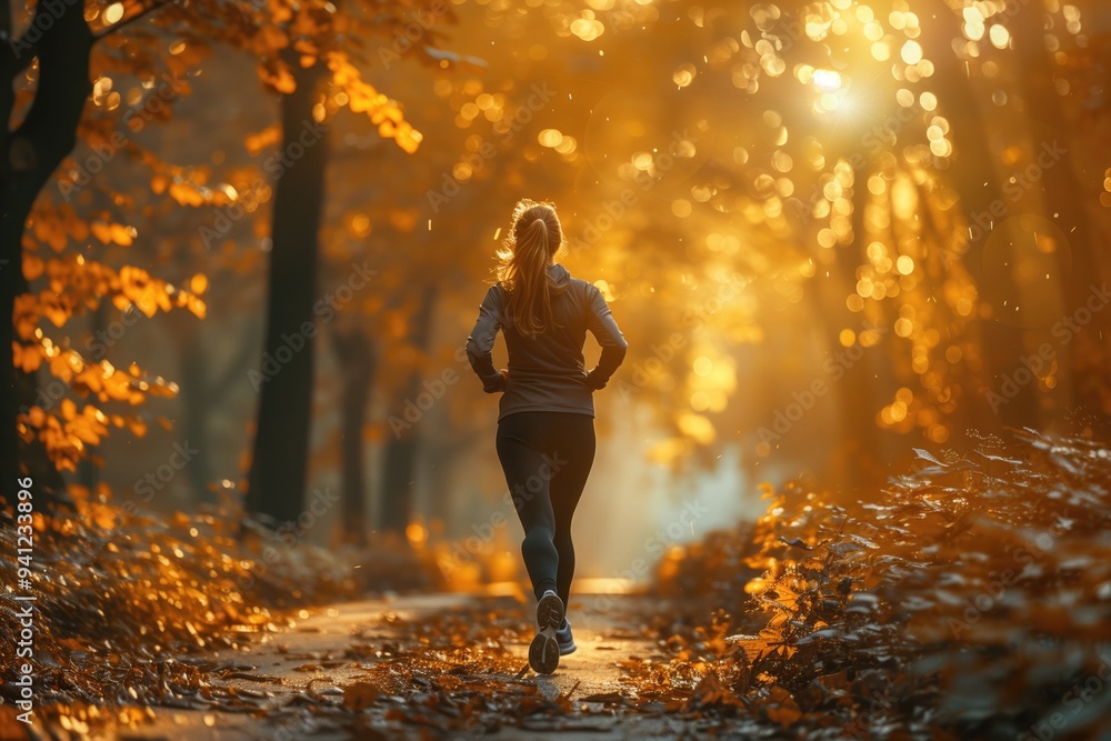 A young woman jogging through a serene park, with sunlight streaming through the trees A young woman jogging through a serene park, with sunlight streaming through the trees