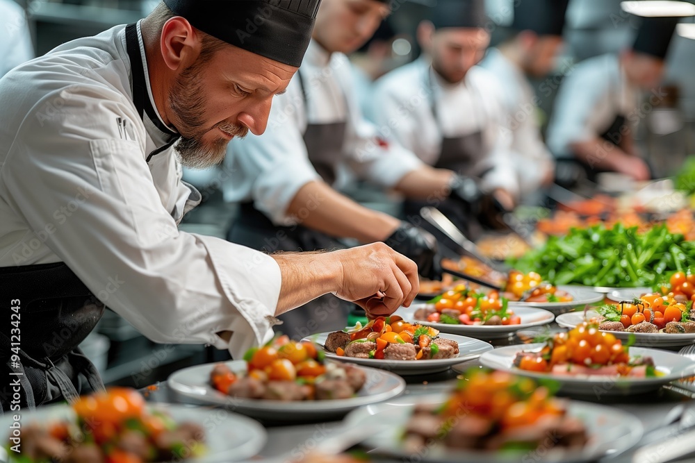 A professional chef plating a dish in a high-end restaurant, focused on presentation and detail A professional chef plating a dish in a high-end restaurant, focused on presentation and detail