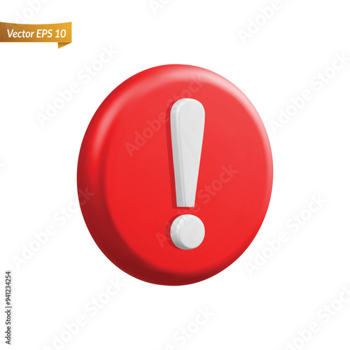 3d red round clean alert sign, attention mark, caution icon. Danger, warning, clean emergency hazard notification symbol. Alert notice, warning reminder and attention isolated vector illustration 