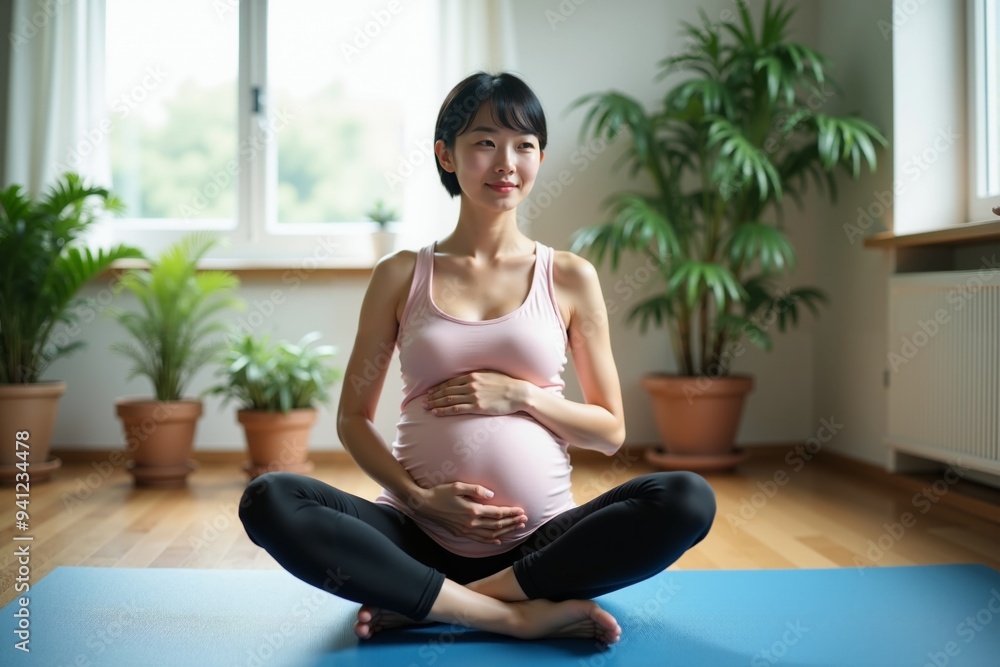 photo of pregnant woman sitting and do yoga pose at her room, generative AI photo of pregnant woman sitting and do yoga pose at her room, generative AI