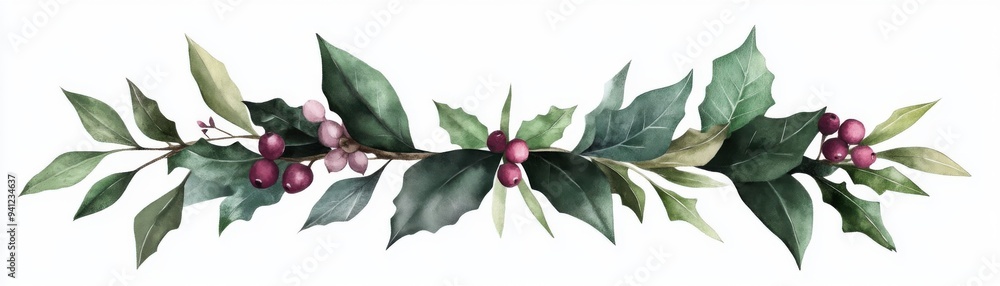 Elegant holly branch with lush green leaves and vibrant red berries, perfect for festive decorations and seasonal designs. Elegant holly branch with lush green leaves and vibrant red berries, perfect for festive decorations and seasonal designs.