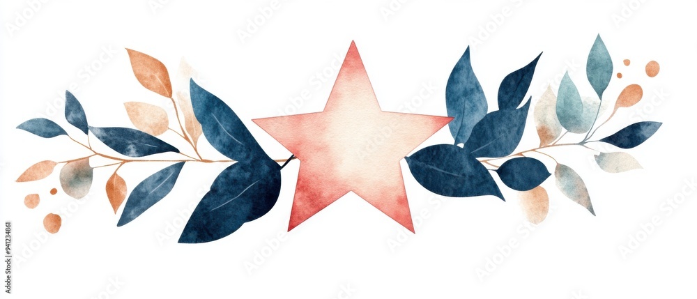 A beautiful watercolor star surrounded by delicate leaves, perfect for invitations, decor, or artistic projects. A beautiful watercolor star surrounded by delicate leaves, perfect for invitations, decor, or artistic projects.