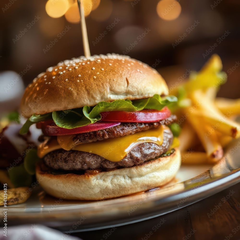 Close-Up Gourmet Cheeseburger with Lettuce, Tomato, and Fries in a Warm Ambient Setting Close-Up Gourmet Cheeseburger with Lettuce, Tomato, and Fries in a Warm Ambient Setting
