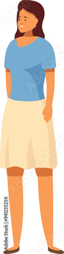 Young woman standing smiling looking aside posing wearing skirt and blouse