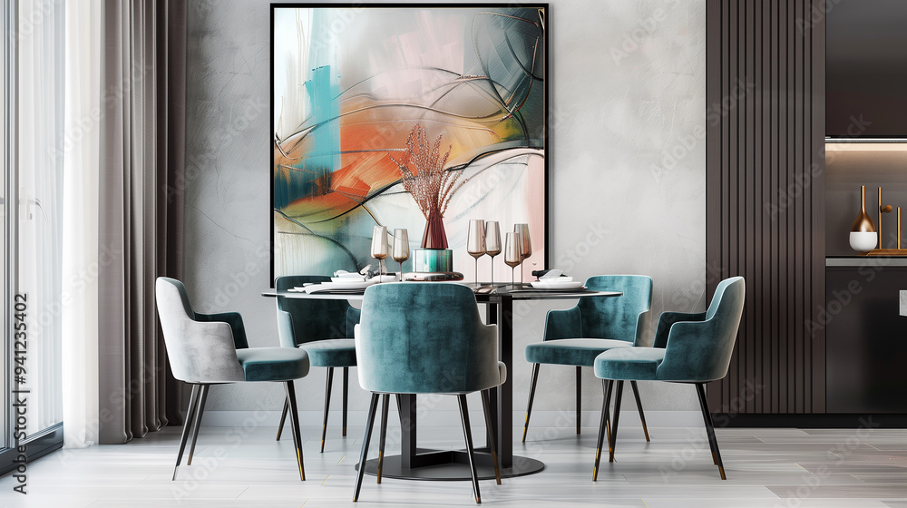 Fototapeta premium Contemporary dining room with a glass table, velvet chairs, and an abstract painting on the wall.