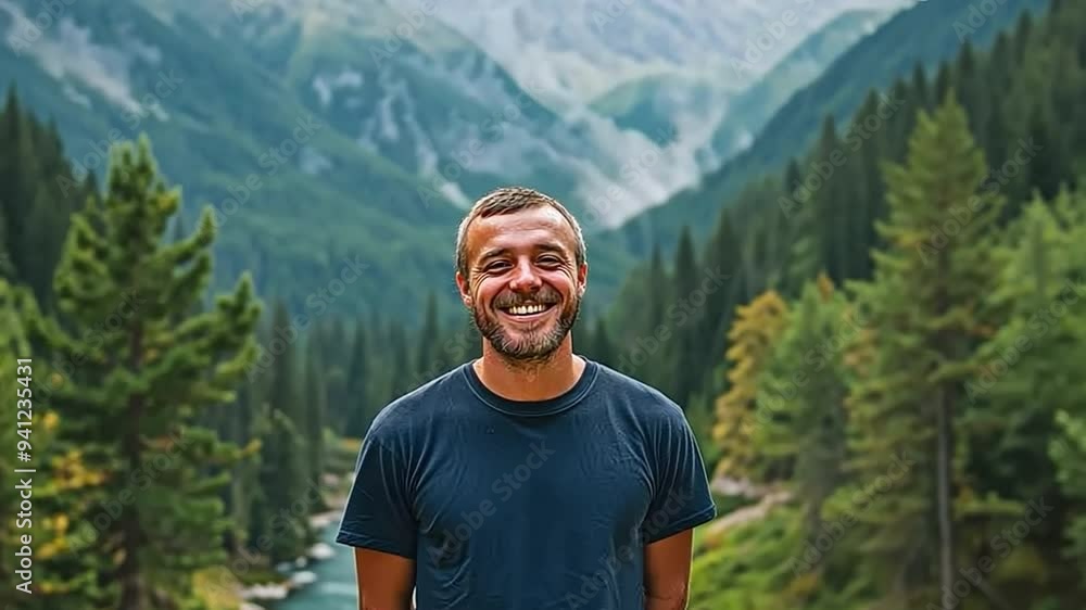 A cheerful man standing outdoors in a beautiful mountain landscape, surrounded by lush green trees and distant peaks. A cheerful man standing outdoors in a beautiful mountain landscape, surrounded by lush green trees and distant peaks.