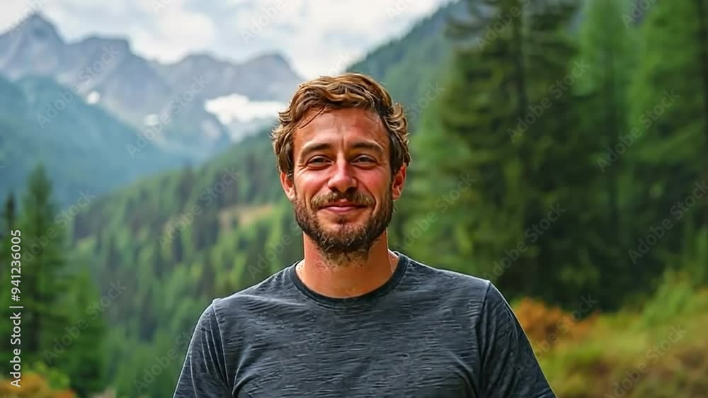 A cheerful man standing outdoors in a beautiful mountain landscape, surrounded by lush green trees and distant peaks. A cheerful man standing outdoors in a beautiful mountain landscape, surrounded by lush green trees and distant peaks.
