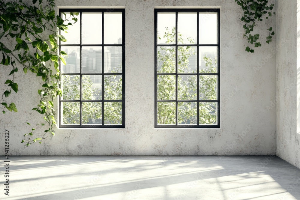 An interior view of an empty white room with two windows and a gray floor An interior view of an empty white room with two windows and a gray floor