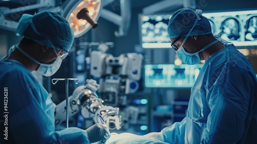 Robotic Limbs Performing Complicated Nanosurgery, Doctors Looking At Vitals On Monitor, Surgeons Observing High-Precision Programmable Automated Robot Arms Operating Patient In High-Tech Hospital. photo