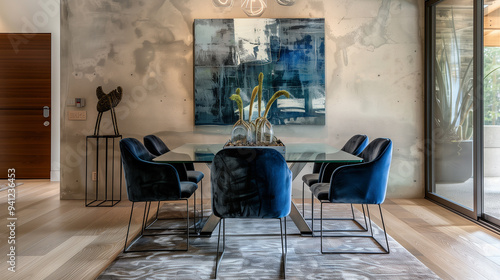 Contemporary dining room with a glass table, velvet chairs, and an abstract painting on the wall.