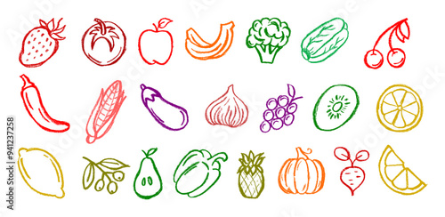 Fruit and Vegetables Crayon Chalk Drawing Icons Set