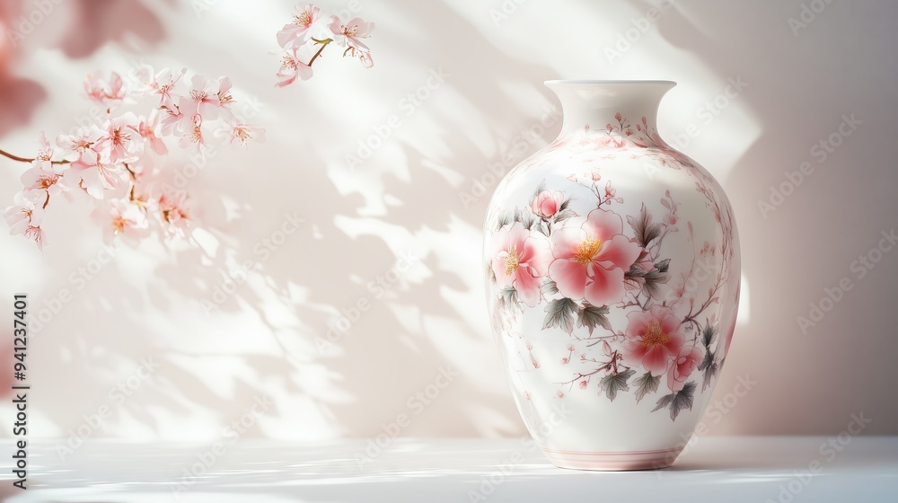 A pink and white porcelain vase with floral patterns radiates beauty on a white surface. A pink and white porcelain vase with floral patterns radiates beauty on a white surface.