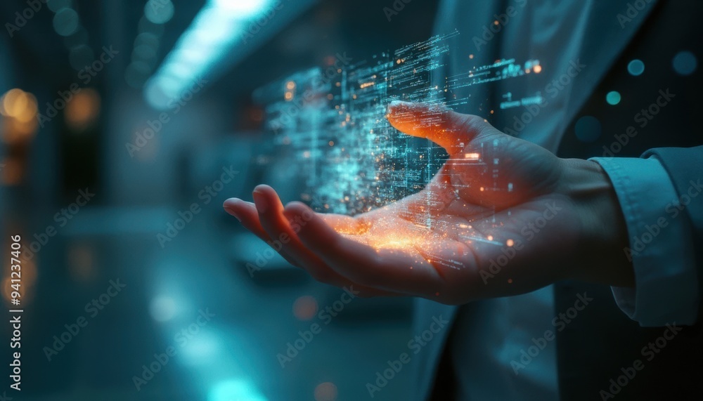 Hand Holding Holographic Digital Interface with Glowing Data Visualization in a Futuristic Setting Hand Holding Holographic Digital Interface with Glowing Data Visualization in a Futuristic Setting