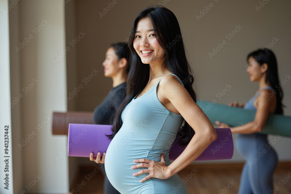 photo of pregnant woman with yoga mat at yoga room studio, generative AI photo of pregnant woman with yoga mat at yoga room studio, generative AI