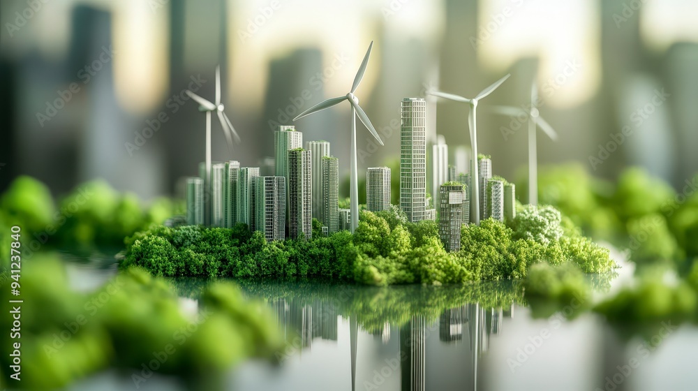 A futuristic eco-city with wind turbines and greenery, symbolizing sustainable living. A futuristic eco-city with wind turbines and greenery, symbolizing sustainable living.