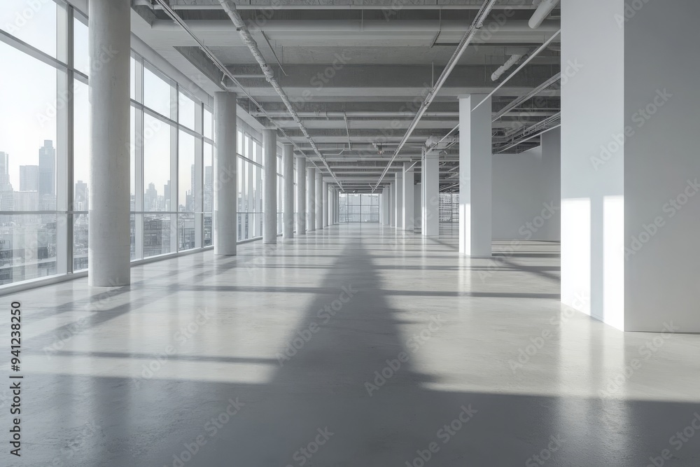 Empty office hall with skyscraper views, mock-up wall Empty office hall with skyscraper views, mock-up wall