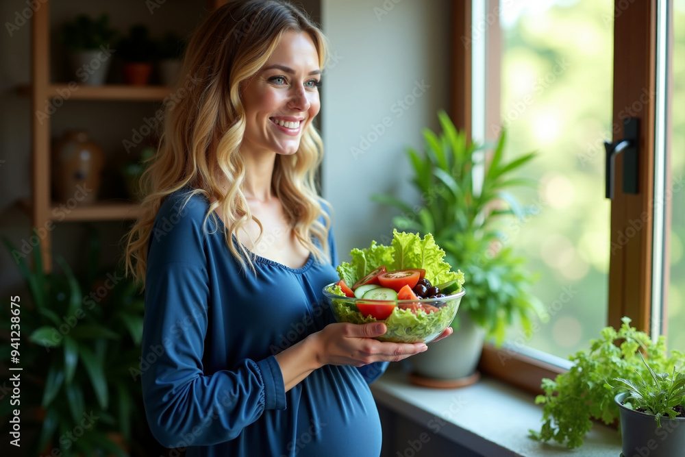 photo of pregnant woman both hands holding bowl of fresh green salad, generative AI photo of pregnant woman both hands holding bowl of fresh green salad, generative AI