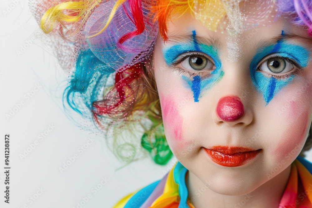 Child girl is dressed up in clown costume with colorful wig on white background Child girl is dressed up in clown costume with colorful wig on white background