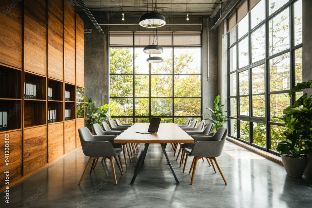 Interior of a coworking room with a panoramic window and a blue conference table Interior of a coworking room with a panoramic window and a blue conference table